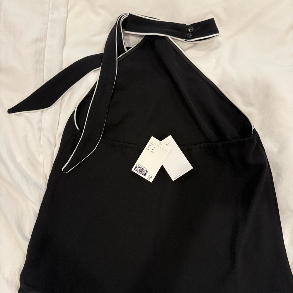 H&M Black Halter Neck Tie-Shoulder Blouse with White Piping - Picture 6 of 6